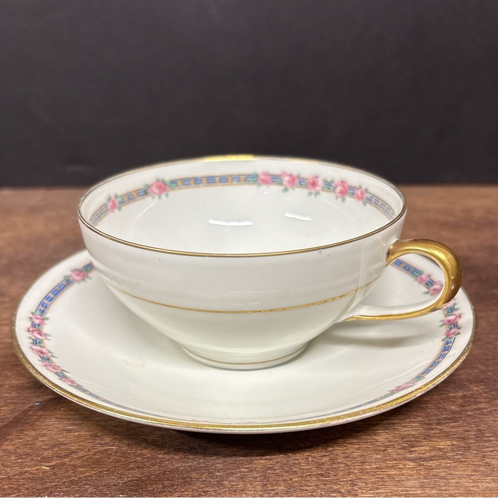 Limoges White and Gold Teacup with Pink Floral Accents